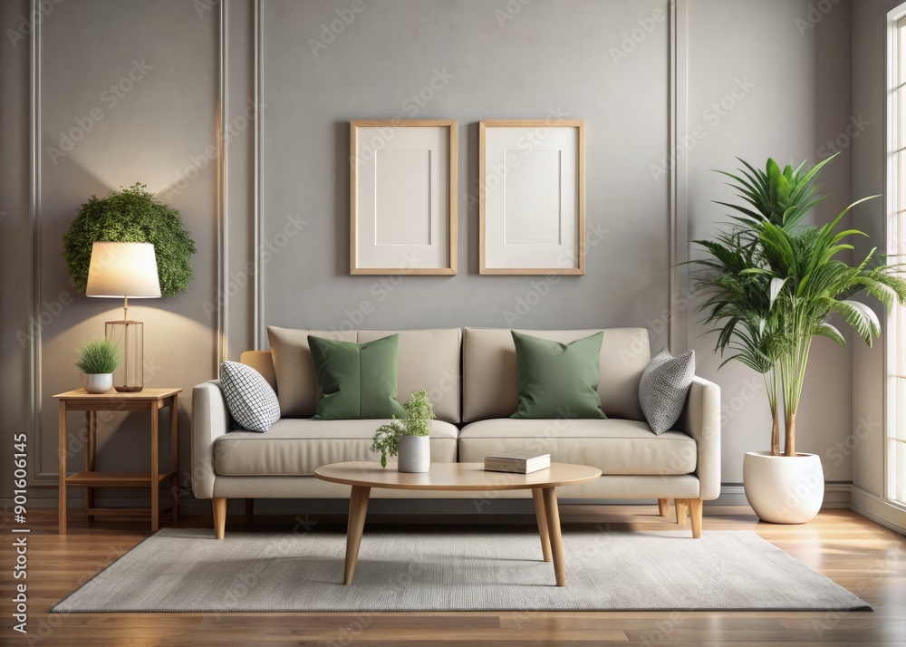 Naklejka premium Contemporary living room interior design mockup features sleek sofa, artwork in frame, and plain accent wall, exuding cosy simplicity with nature-inspired colour scheme and soft daylight ambiance.