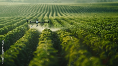 AI-Powered Precision Agriculture: Drone Spraying Crops with Advanced Technology. Innovative Aerial Application System Optimizes Resource Usage, Intelligent Data Analysis, Automated Farming Techniques.