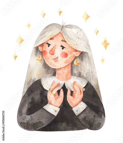 Watercolor cartoon portrait of young witch. Hand-drawn illustration of girl with stars isolated on white background