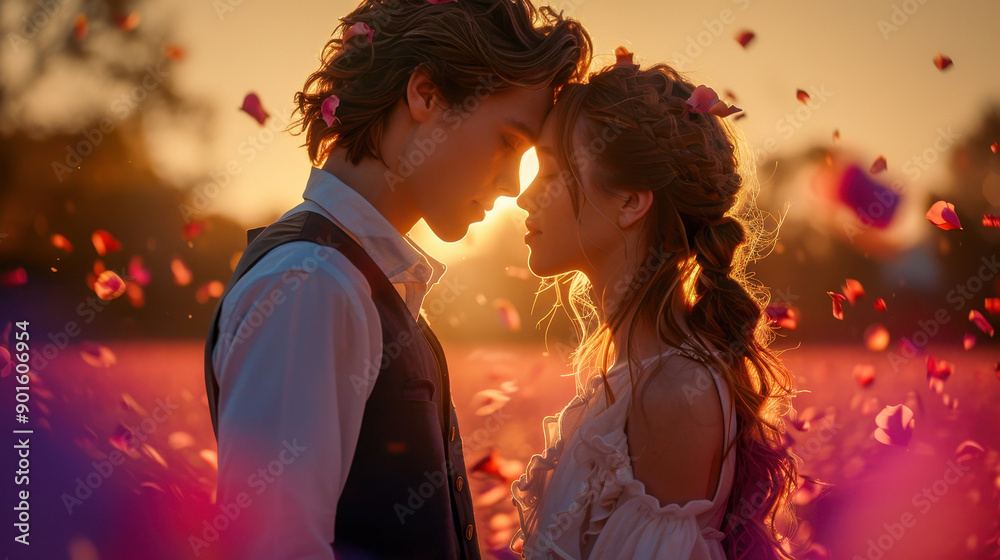 Romantic couple standing forehead-to-forehead in a field of flowers at sunset, surrounded by falling petals. Romantic couple standing forehead-to-forehead in a field of flowers at sunset, surrounded by falling petals.
