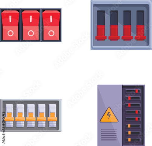 Switchboard panel icons set cartoon vector. Electric breaker switchbox. Electricity equipment
