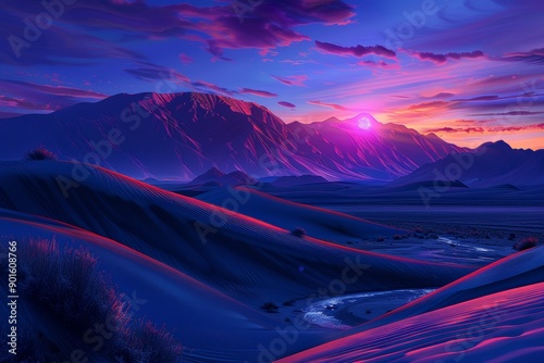 The horizon features a glowing sun on a desert landscape with sand dunes and stark pink and purple skies at sunset.