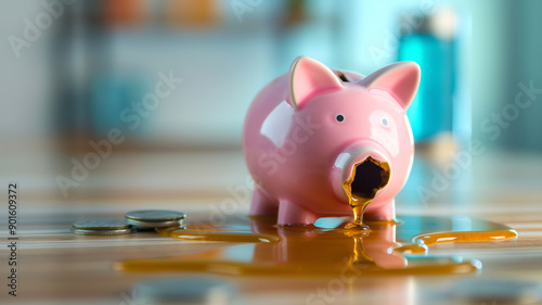 A visual representation of oil price fluctuation with a broken piggy bank and oil spilling out, symbolizing financial strain due to changing oil prices.