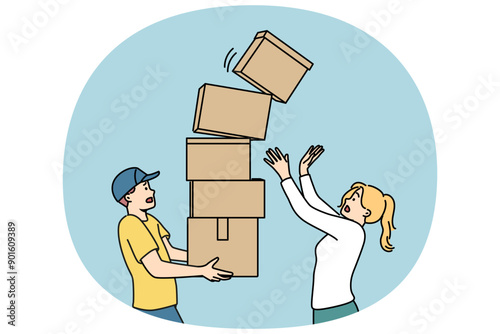 Man courier carries stack of boxes and drops one of parcels standing near woman recipient of order. Clumsy courier risks spoiling goods during delivery due to lack of professionalism