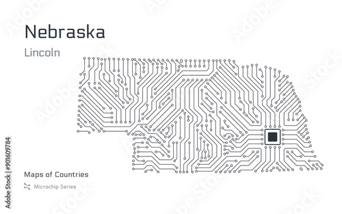 Nebraska Map with a capital of Lincoln Shown in a Microchip Pattern. E-government. United States vector maps. Microchip Series	