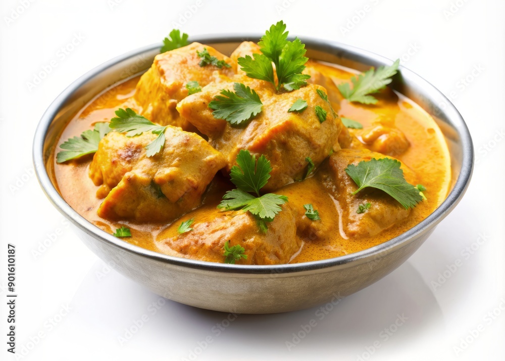 Richly flavored traditional chicken korma dish, smothered in a luscious creamy spiced gravy, garnished with fresh green coriander, on a pristine white background. Richly flavored traditional chicken korma dish, smothered in a luscious creamy spiced gravy, garnished with fresh green coriander, on a pristine white background.