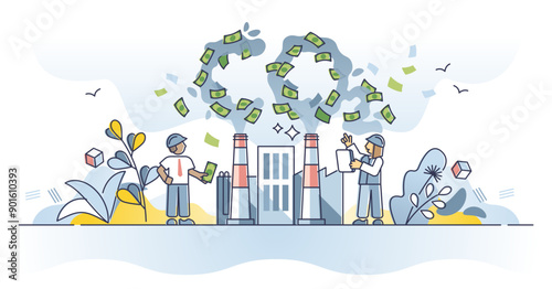 Carbon tax as greenhouse gas charge from burning fossil fuel outline concept, transparent background. CO2 emissions fee trading and quotas as resource for industrial business illustration.
