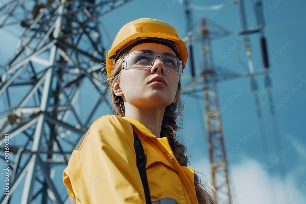 Confident Female Engineer in Hard Hat and Safety Glasses Standing Near High Voltage Power Lines Confident Female Engineer in Hard Hat and Safety Glasses Standing Near High Voltage Power Lines