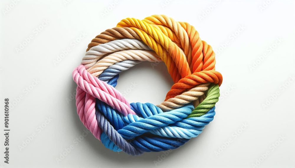Colorful ropes tied together on white background. Unity concept