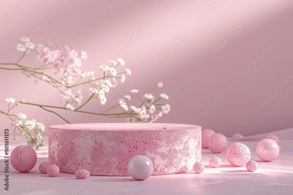 Pink background with circular podium and decorative elements for spring or romantic themes Pink background with circular podium and decorative elements for spring or romantic themes