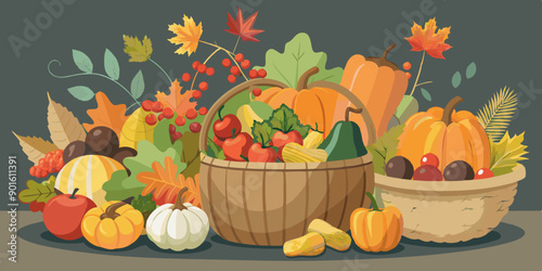 Ilustración de una abundante cesta de frutas y verduras otoñales rodeada de calabazas y hojas de colores.