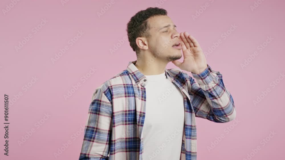 Attention, Portrait Of African Man Shouting, Holding Hand Near Open Mouth