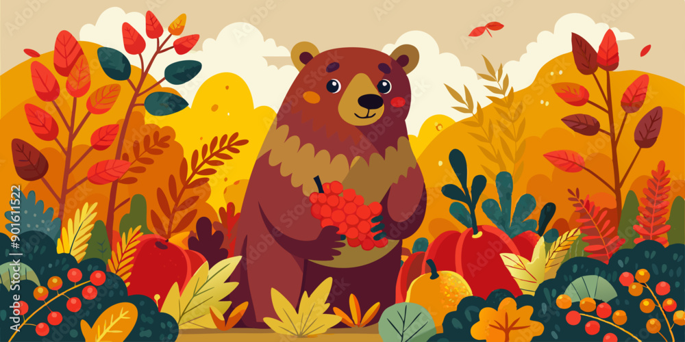 A happy bear holding a bunch of berries stands in a vibrant autumn forest with trees and plants in warm tones of red, orange, and yellow. A happy bear holding a bunch of berries stands in a vibrant autumn forest with trees and plants in warm tones of red, orange, and yellow.