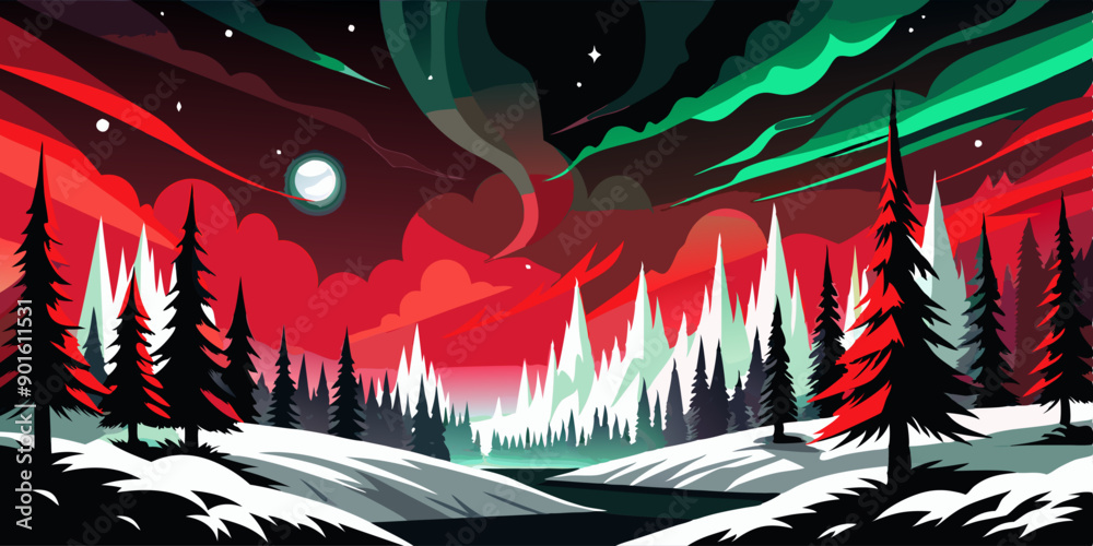Paisaje nocturno con auroras boreales en el cielo, sobre un bosque nevado de pinos, creando una escena mágica y colorida.