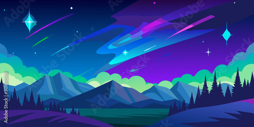 Ilustración de un paisaje nocturno con montañas y auroras boreales iluminando el cielo estrellado, creando una escena mágica.