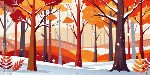 Ilustración de un paisaje invernal con árboles de tonos rojos y naranjas, con nieve cubriendo el suelo, creando un contraste cálido y frío.