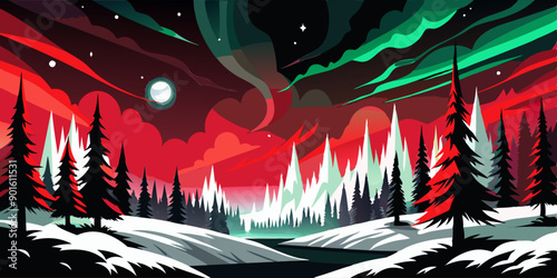 Paisaje nocturno con auroras boreales en el cielo, sobre un bosque nevado de pinos, creando una escena mágica y colorida.