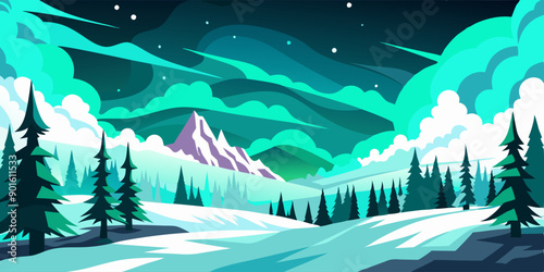 Vista invernal con montañas y auroras boreales verdes en el cielo, resaltando un paisaje sereno y frío rodeado de pinos nevados.