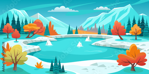 Lago rodeado de montañas nevadas y árboles en tonos otoñales, en un paisaje sereno y colorido con pequeños icebergs en el agua.