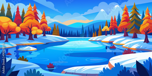Paisaje de otoño e invierno, con un lago tranquilo rodeado de árboles coloridos y montañas, en una escena fresca y brillante.