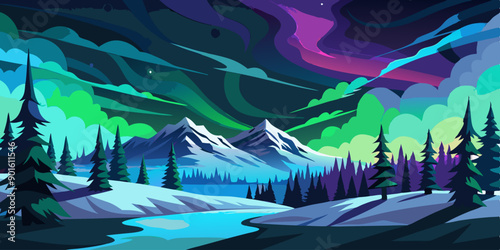 Hermoso paisaje invernal con montañas y auroras boreales iluminando el cielo, rodeado de un denso bosque de pinos nevados.