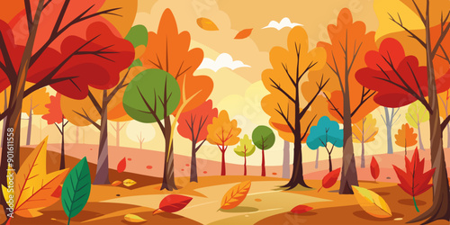 Ilustración de un bosque de otoño con árboles en tonos cálidos de rojo, naranja y amarillo, lleno de hojas cayendo.