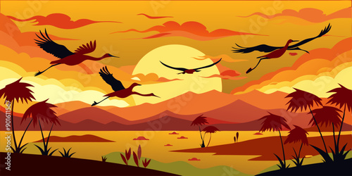 Grullas volando sobre un paisaje al atardecer, con montañas, lagos y un cielo anaranjado que crea un ambiente cálido y tranquilo.