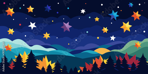 Paisaje nocturno con un cielo estrellado lleno de estrellas coloridas sobre montañas y árboles oscuros, creando una escena mágica y tranquila.