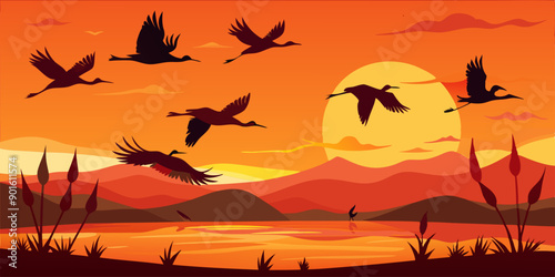 A flock of birds flying across a serene lake at sunset, with the sky glowing in shades of orange and red, mountains visible in the distance.