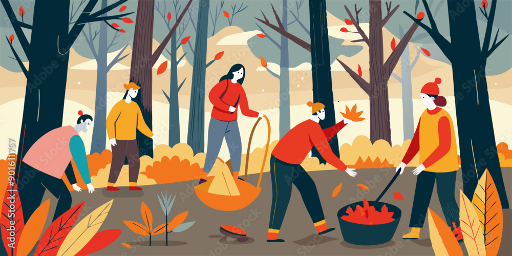 Personas recolectando hojas en un bosque otoñal, trabajando en equipo mientras caen las hojas alrededor. Los colores vivos de las hojas crean un ambiente vibrante.