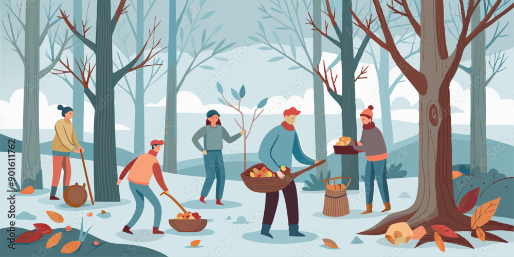 Ilustración de personas recolectando frutos en un bosque de invierno. Están abrigados, trabajando juntos en la recolección de manzanas y leña. Las hojas caídas en el suelo crean un ambiente otoñal.