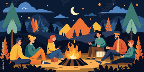  Grupo de amigos reunidos alrededor de una fogata en un campamento nocturno, rodeados de montañas y árboles. El cielo estrellado y la luna crean una atmósfera acogedora.
