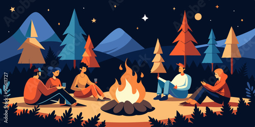  Grupo de personas sentadas alrededor de una fogata en el bosque por la noche, con montañas y estrellas visibles en el cielo. La atmósfera es cálida y relajada.