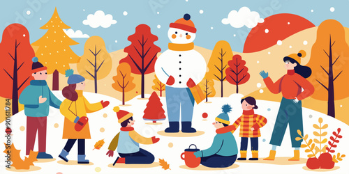 Grupo de personas, incluidos niños, disfrutando del invierno construyendo un muñeco de nieve en un parque con árboles otoñales. La escena tiene un toque festivo con la nieve cayendo.