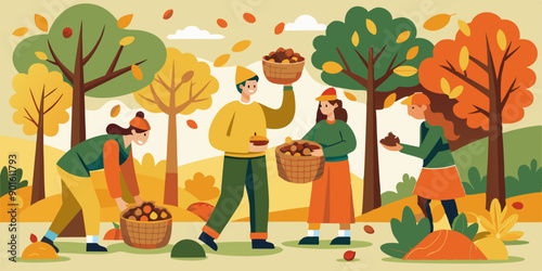 Personas recolectando frutos y nueces en un huerto otoñal, llenando cestas con cosechas bajo árboles coloridos. La escena es festiva y transmite una sensación de comunidad y abundancia.