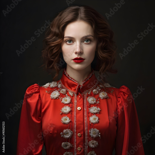 Portrait of a woman in a red blouse on a dark background