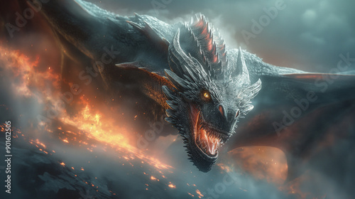 Game of Thrones style, a giant dragon flying in the dark sky, breathing fire, silver wing dragon. photo