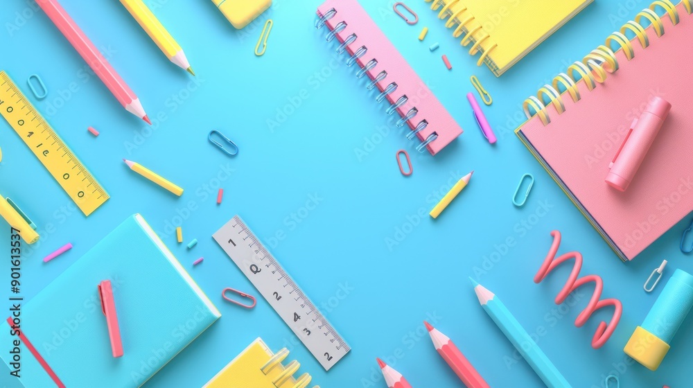 Abstract background with vibrant back-to-school elements like pencils, rulers, and notebooks Abstract background with vibrant back-to-school elements like pencils, rulers, and notebooks