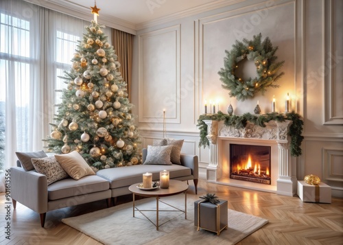 Stylish living room decorated for winter holidays. Cozy interior with festive Christmas tree. New Year background