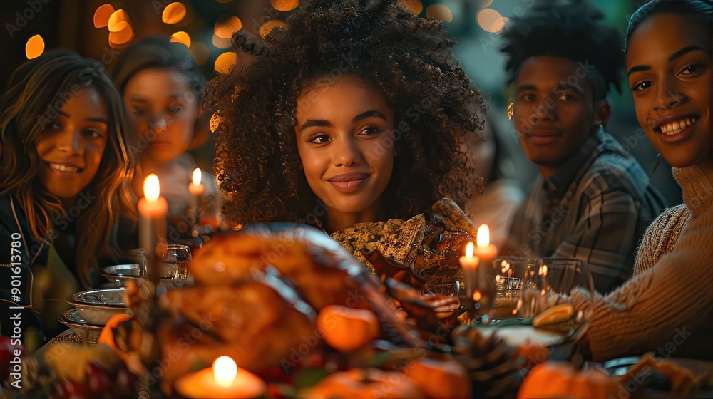 A group of friends or family members thank God at the holiday turkey dinner table together. Traditional Thanksgiving dinner concept A group of friends or family members thank God at the holiday turkey dinner table together. Traditional Thanksgiving dinner concept