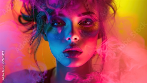 Woman With Neon Makeup in Pink and Blue Smoke