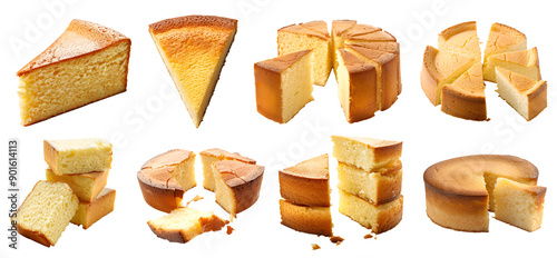 Sponge chiffon butter cake pastry dessert on transparent cutout, PNG file. Many assorted different angles, stack, broken, slice, pile. Mockup template for artwork design photo