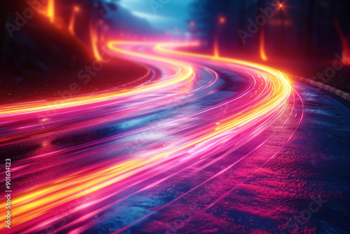 Elegant scene of swirling light trails in neon hues, evoking a sense of energy and dynamism on a black canvas, © Natalia