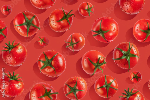 Seamless Pattern of Fresh Wet Tomatoes on Red Background with Water Droplets and Green Stems.