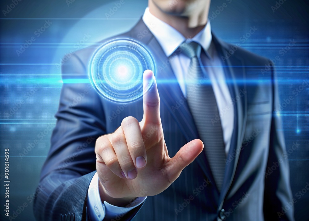 A sleek finger presses a virtual icon on a modern high-tech glowing screen, focusing on the interactive touch screen interface and the button being activated. A sleek finger presses a virtual icon on a modern high-tech glowing screen, focusing on the interactive touch screen interface and the button being activated.
