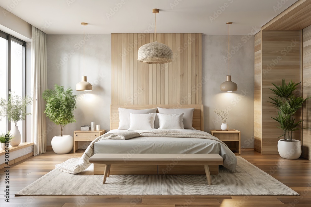 Fototapeta premium Serene Japandi bedroom with white and bleached wood tones, minimal decor, and plush bed cushions, featuring ample copy space for text or graphics overlay.