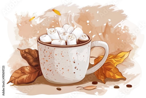 Cozy autumn cocoa with marshmallows and fall leaves. Concept of seasonal comfort and warmth