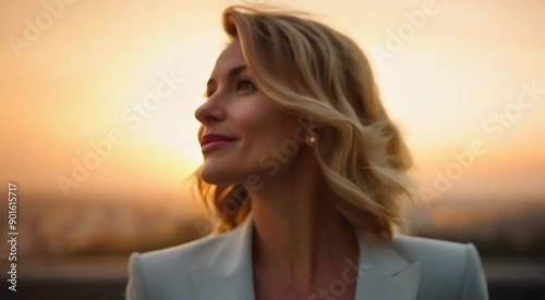 Happy wealthy rich successful businesswoman standing in big city modern skyscrapers street on sunset thinking of successful vision, dreaming of new investment opportunities