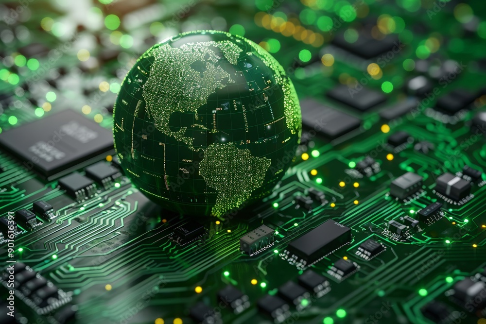 Earth on Intricate green circuit board, a dense tapestry of microchips and electronic components, pulsating with digital life Earth on Intricate green circuit board, a dense tapestry of microchips and electronic components, pulsating with digital life