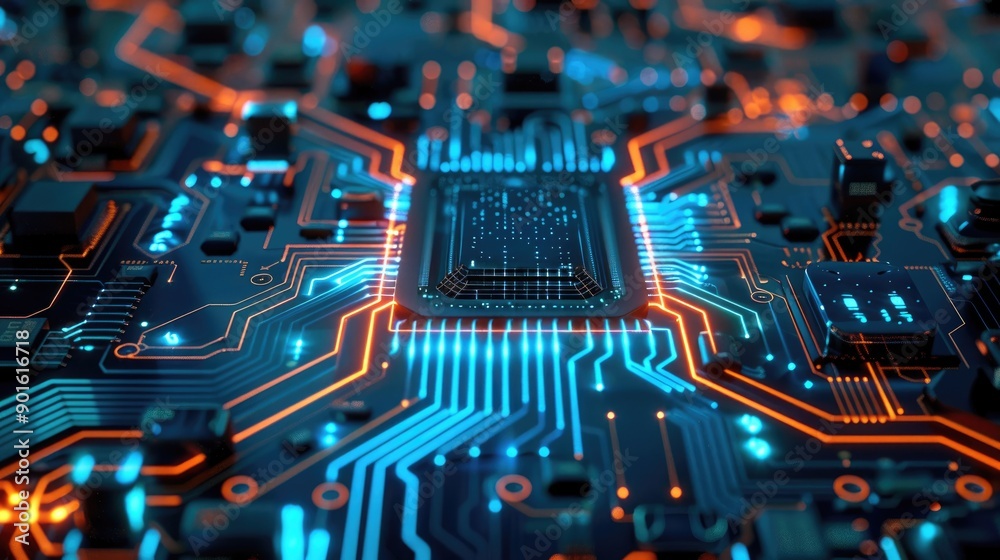 Digital circuit board with glowing blue lines Digital circuit board with glowing blue lines